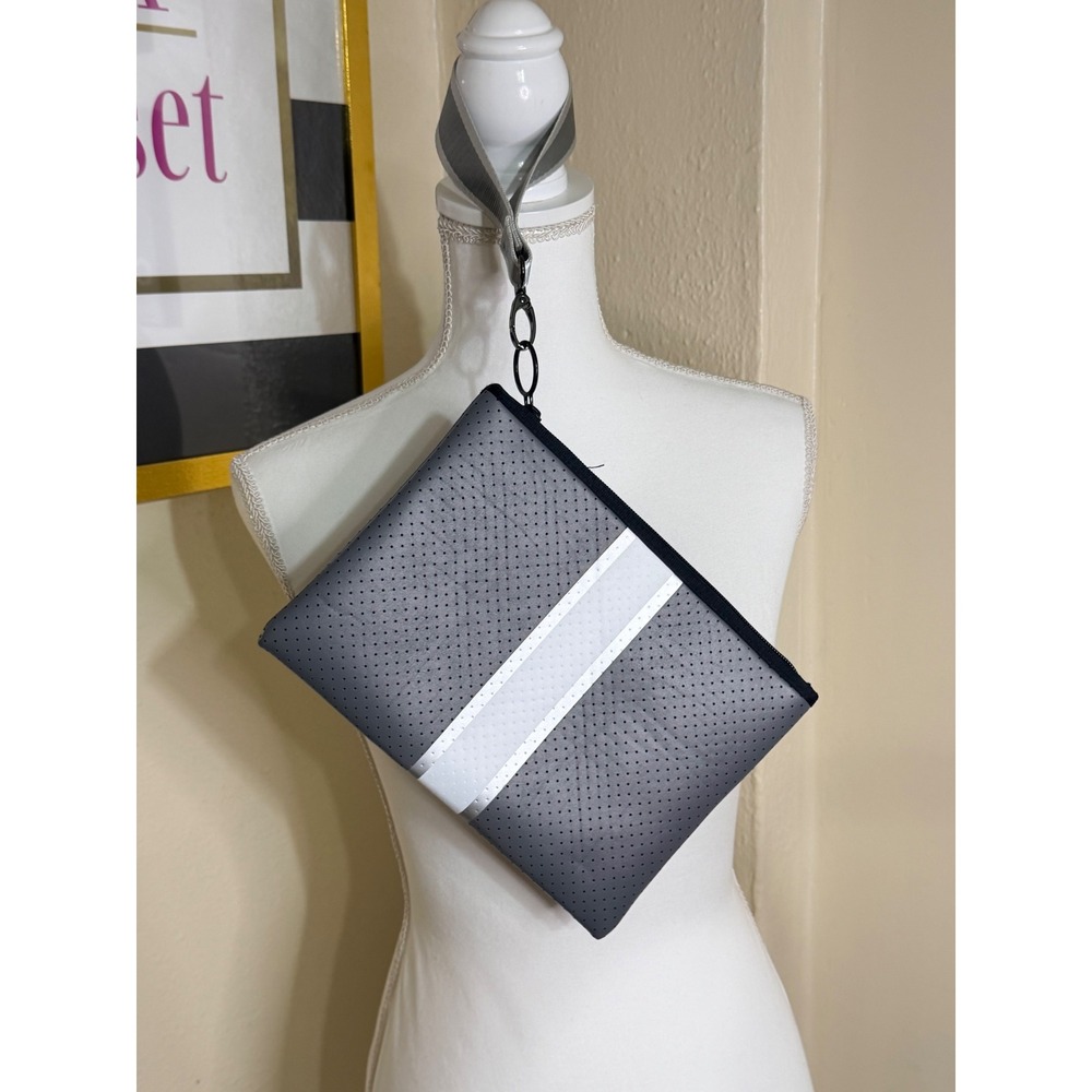 Haute Shore Grey Perforated Neoprene Wristlet Clutch Bag with Racing Stripe